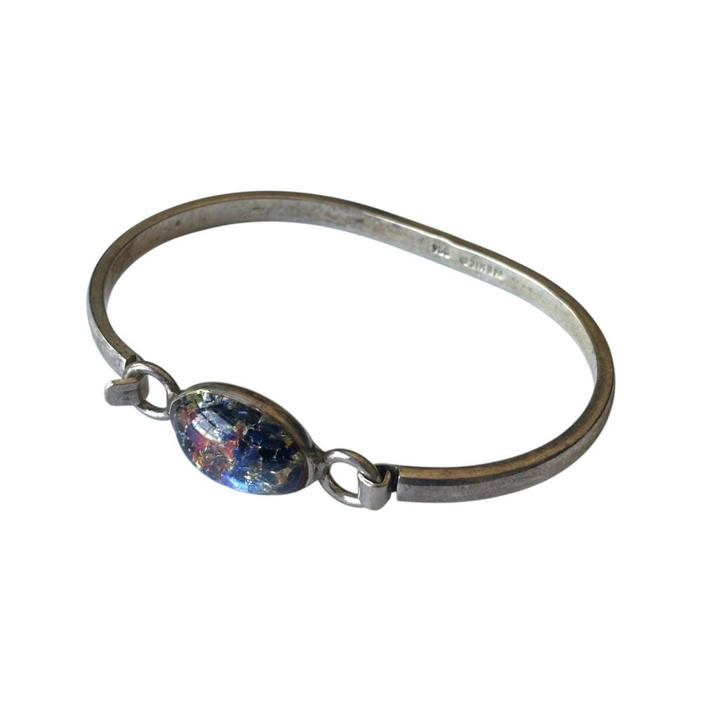 Vintage 950 Sterling Silver Mexico Blue Dichroic Glass Hook Bangle Bracelet